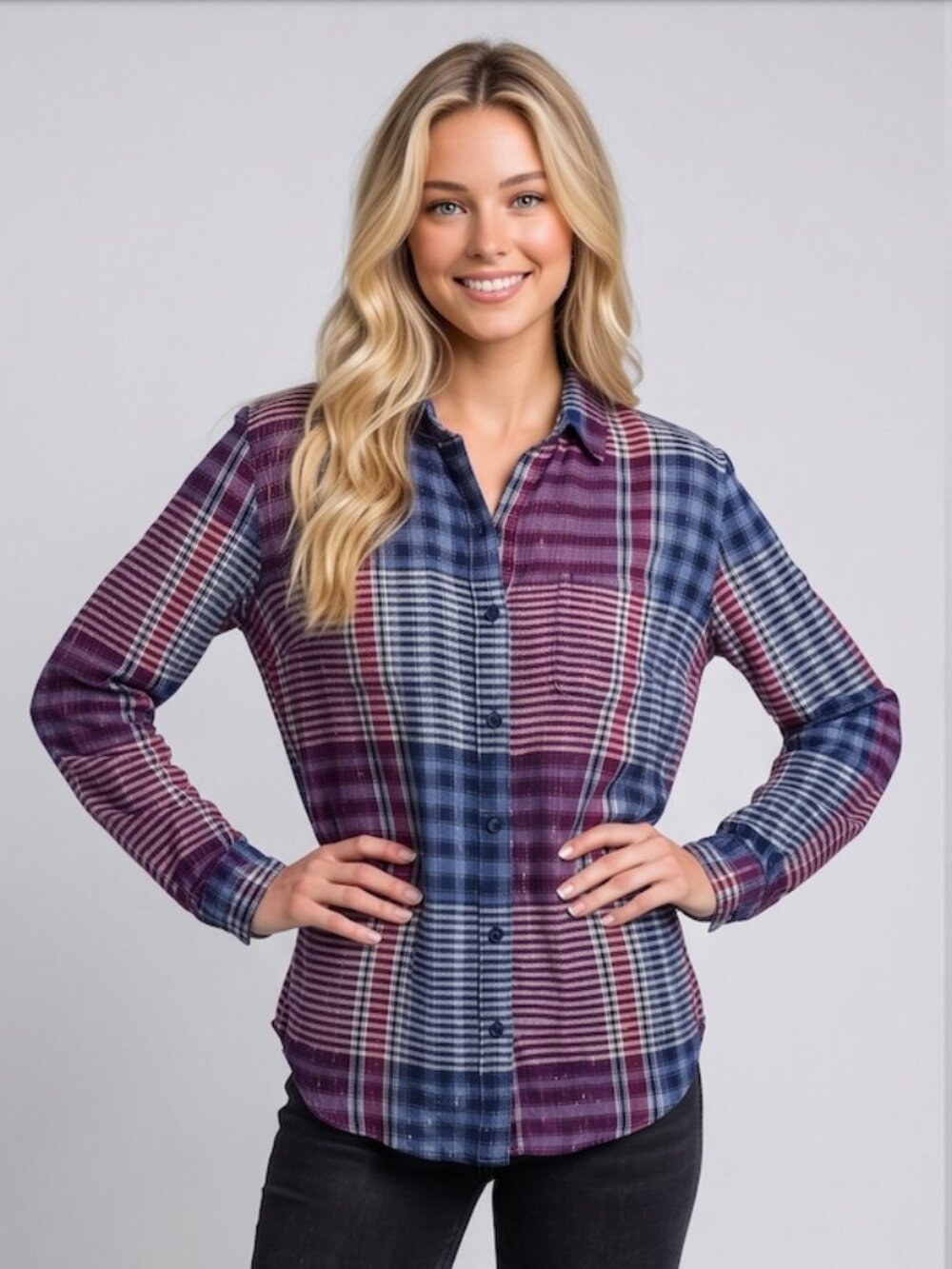 Lucky Brand Plaid Gold Trim Blouse XS